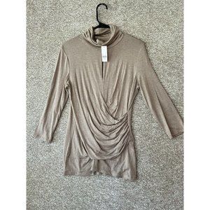 NY&C Women’s Tan Ruched Waist Turtleneck Long Sleeve Blouse Size Medium